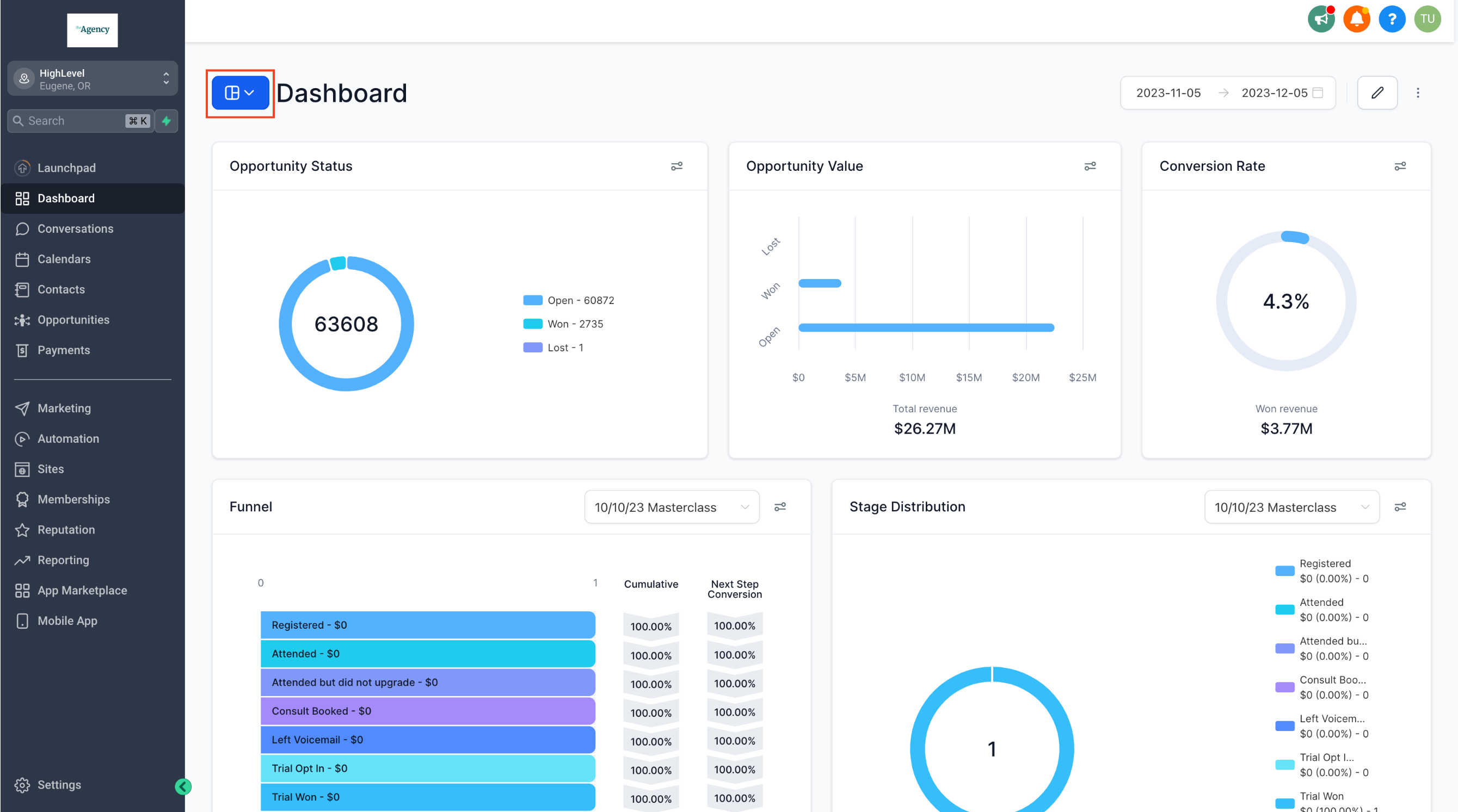 Marketing dashboard and lead reporting interface